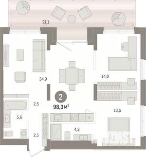 2-к квартира, вторичка, 98м2, 1/14 этаж