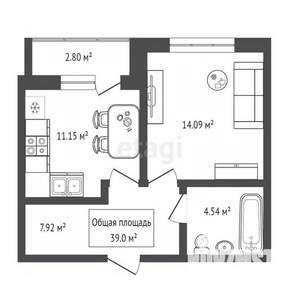 1-к квартира, вторичка, 41м2, 8/12 этаж