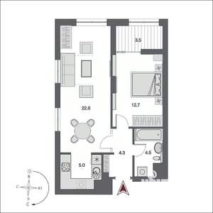 2-к квартира, строящийся дом, 49м2, 17/21 этаж
