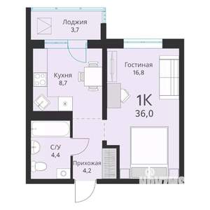 1-к квартира, вторичка, 36м2, 6/16 этаж