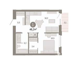 1-к квартира, вторичка, 46м2, 7/14 этаж