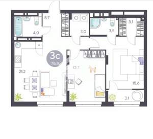 3-к квартира, вторичка, 73м2, 25/26 этаж