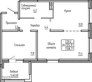 2-к квартира, вторичка, 59м2, 3/17 этаж
