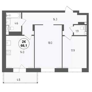 2-к квартира, вторичка, 66м2, 2/18 этаж