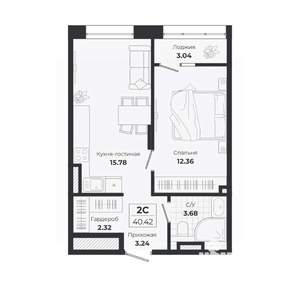 2-к квартира, строящийся дом, 37м2, 8/9 этаж