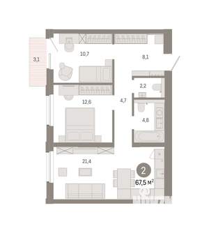 2-к квартира, вторичка, 67м2, 7/14 этаж