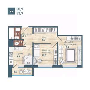2-к квартира, строящийся дом, 54м2, 13/18 этаж