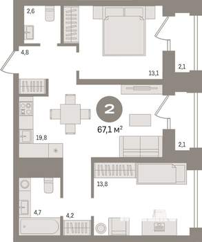 2-к квартира, вторичка, 67м2, 11/30 этаж