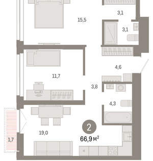 2-к квартира, вторичка, 67м2, 19/23 этаж