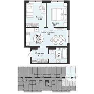 2-к квартира, вторичка, 58м2, 8/9 этаж