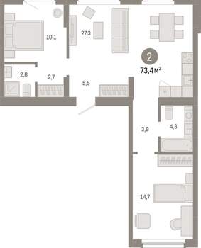 2-к квартира, вторичка, 73м2, 9/12 этаж