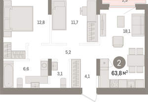 2-к квартира, вторичка, 64м2, 8/15 этаж