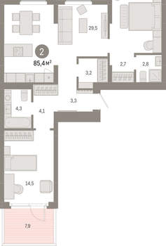 2-к квартира, вторичка, 85м2, 2/12 этаж