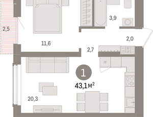 1-к квартира, вторичка, 43м2, 13/15 этаж