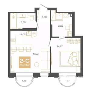 2-к квартира, строящийся дом, 55м2, 4/24 этаж