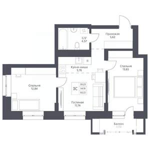 3-к квартира, вторичка, 58м2, 3/24 этаж