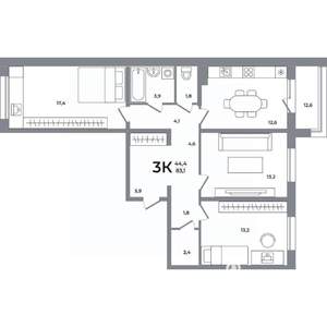 3-к квартира, вторичка, 83м2, 9/17 этаж