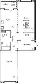 2-к квартира, строящийся дом, 70м2, 6/14 этаж