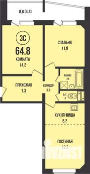 2-к квартира, строящийся дом, 65м2, 6/13 этаж