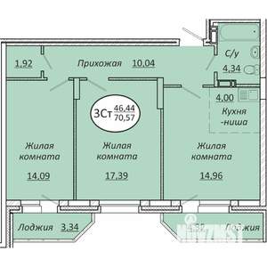 3-к квартира, строящийся дом, 71м2, 4/25 этаж