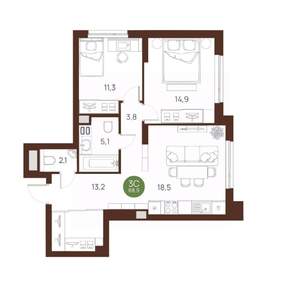 3-к квартира, вторичка, 69м2, 21/27 этаж