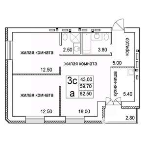 3-к квартира, строящийся дом, 63м2, 6/8 этаж
