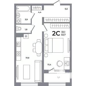 2-к квартира, вторичка, 54м2, 12/17 этаж