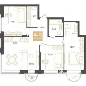 4-к квартира, строящийся дом, 91м2, 7/24 этаж