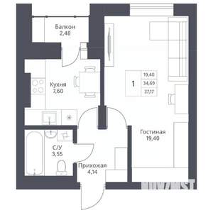 1-к квартира, вторичка, 37м2, 18/24 этаж