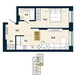 2-к квартира, вторичка, 50м2, 7/25 этаж