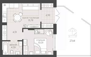 1-к квартира, вторичка, 71м2, 1/7 этаж