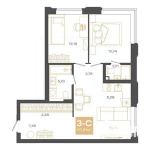 3-к квартира, строящийся дом, 68м2, 22/24 этаж