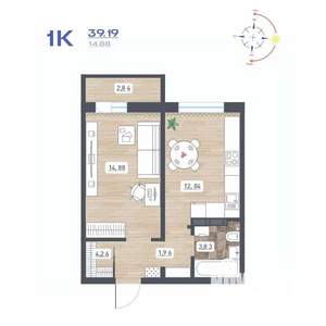 1-к квартира, строящийся дом, 39м2, 14/17 этаж
