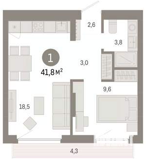 1-к квартира, вторичка, 42м2, 5/9 этаж