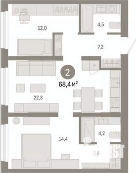 2-к квартира, вторичка, 68м2, 1/7 этаж