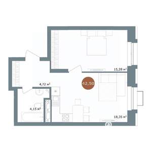 1-к квартира, вторичка, 43м2, 7/15 этаж