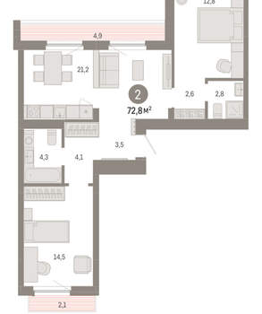 2-к квартира, вторичка, 73м2, 9/12 этаж