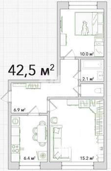 2-к квартира, вторичка, 43м2, 1/5 этаж