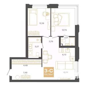3-к квартира, строящийся дом, 68м2, 2/24 этаж