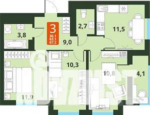 2-к квартира, строящийся дом, 65м2, 14/17 этаж