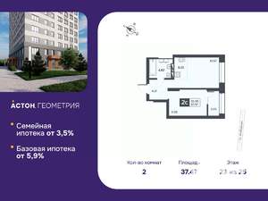 2-к квартира, вторичка, 37м2, 23/25 этаж