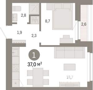 1-к квартира, вторичка, 37м2, 12/12 этаж