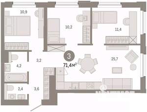 3-к квартира, вторичка, 71м2, 7/14 этаж