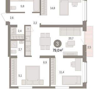3-к квартира, вторичка, 79м2, 13/15 этаж