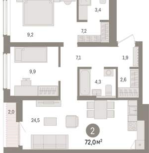 2-к квартира, вторичка, 72м2, 4/15 этаж