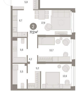 2-к квартира, вторичка, 77м2, 3/30 этаж