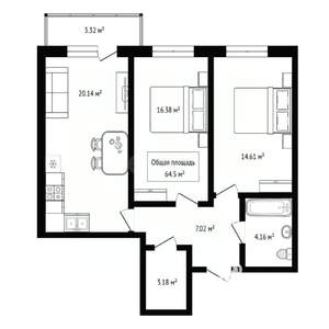 2-к квартира, вторичка, 65м2, 12/16 этаж