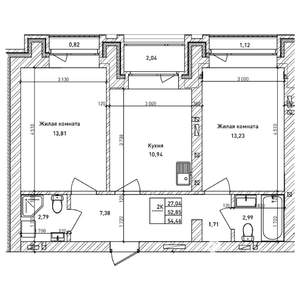 2-к квартира, строящийся дом, 53м2, 14/14 этаж