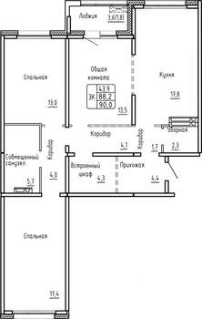 3-к квартира, строящийся дом, 90м2, 11/17 этаж