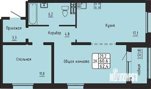 2-к квартира, вторичка, 62м2, 7/17 этаж